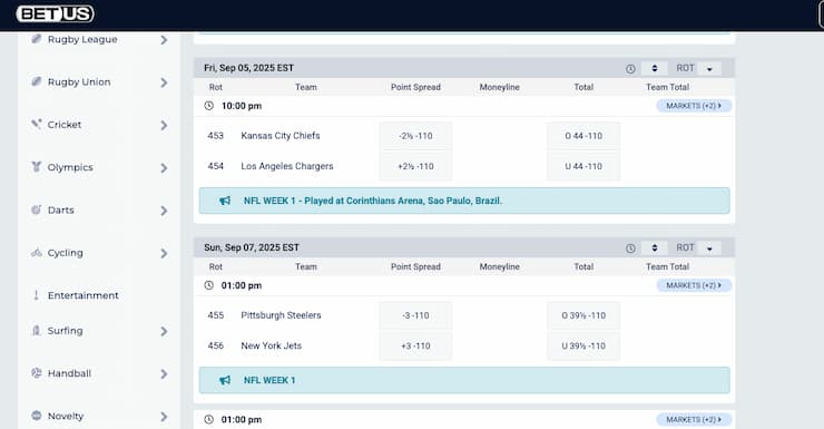 Betting screen from BetUS, a popular online sportsbook in Missouri.